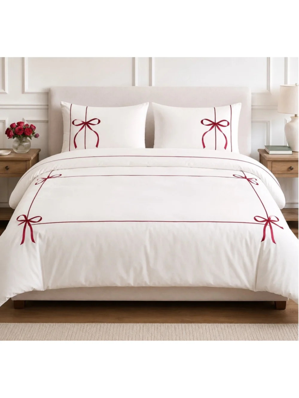 NWT Monique Lhuillier x Pottery Barn Nell Embroidered Red Bow Queen Duvet Cover